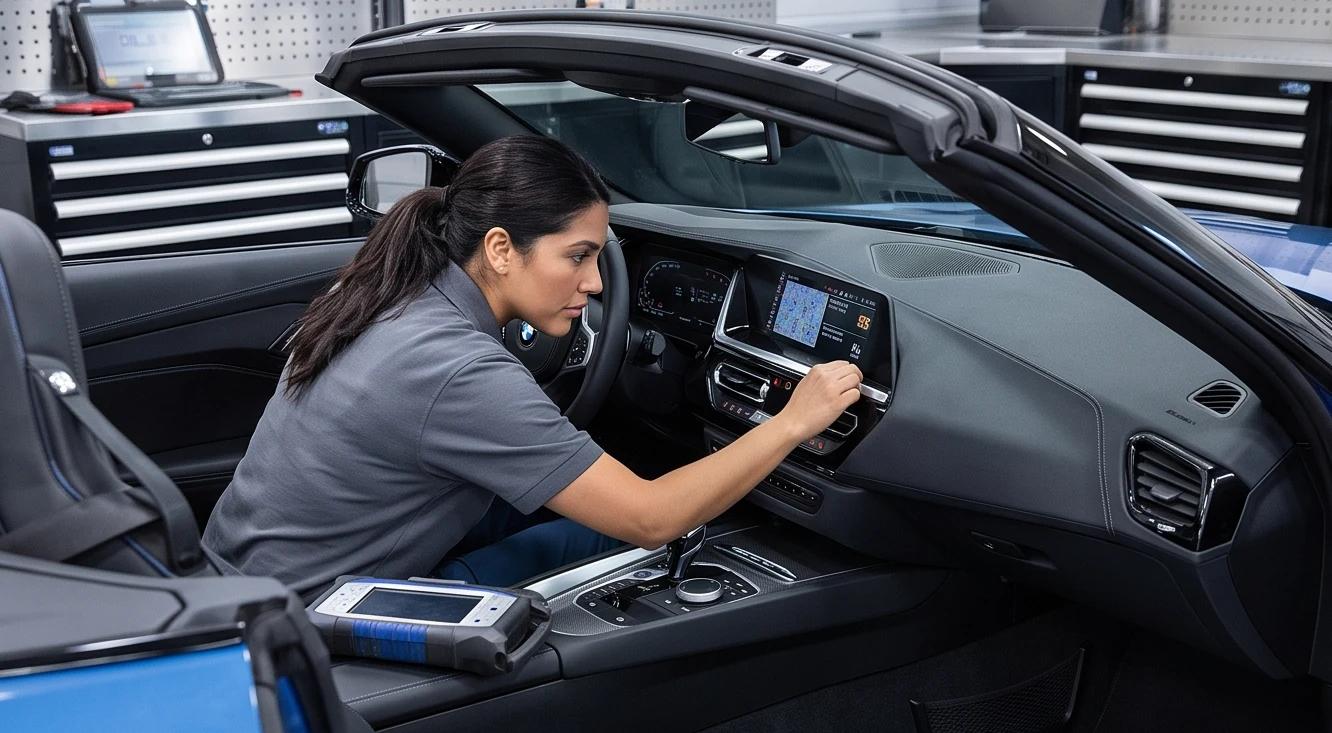 Technician using diagnostic equipment on an import vehicle