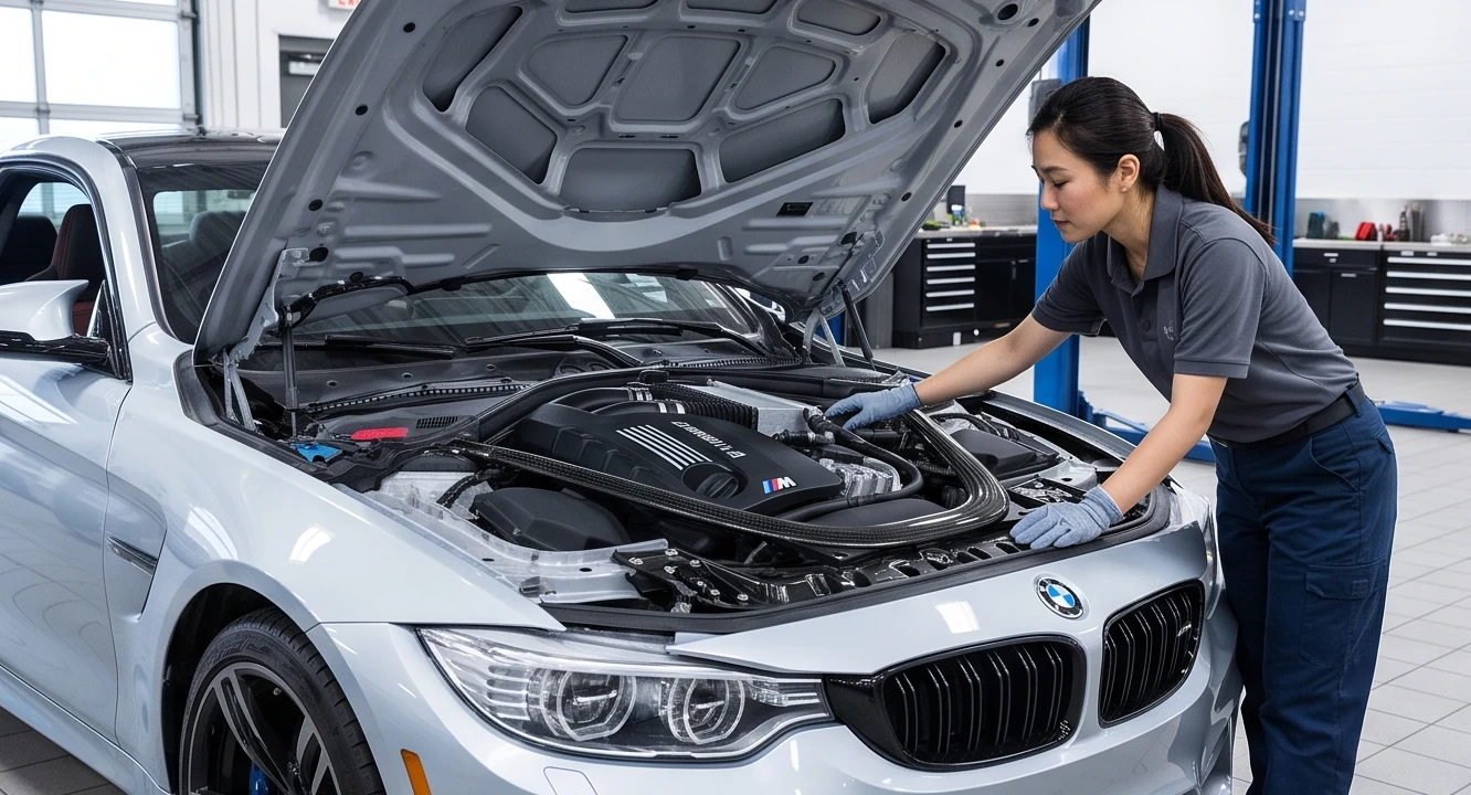 Import vehicle positioned in a professional service bay