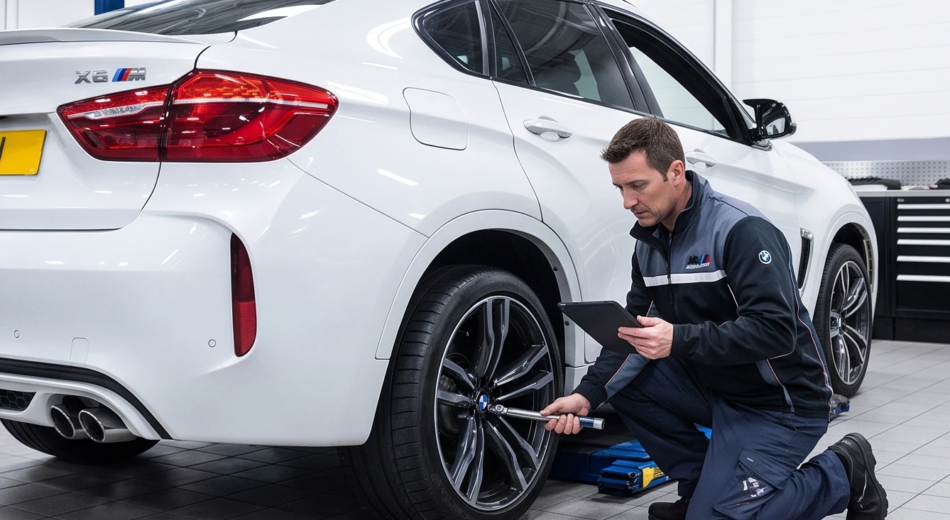 Technician inspecting an import vehicle wheel